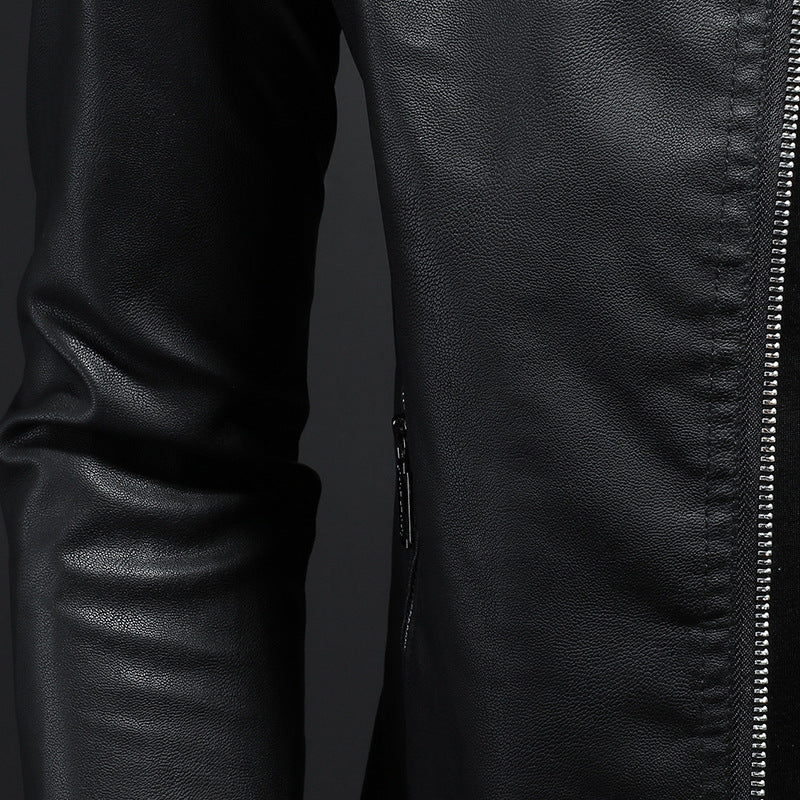 Men's Thin Leather Motorcycle Jacket with Stand Collar and Zipper Front