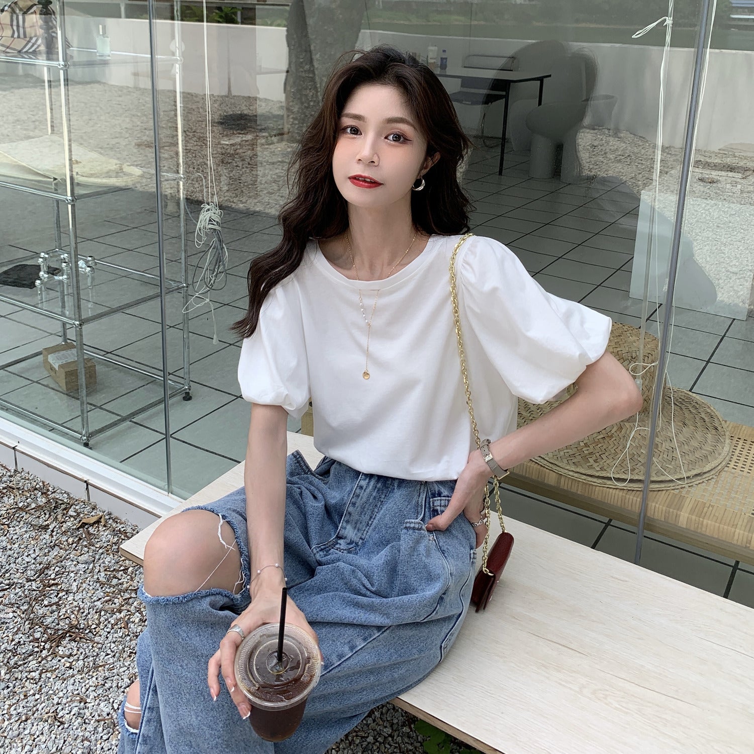 T-shirt blanc à manches courtes et manches bouffantes, haut chic d'été, taille unique pour femme