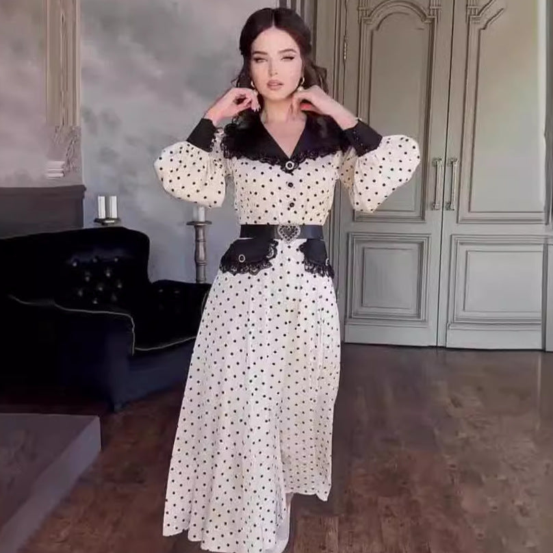 Polka Dot Lace Doll Collar Long Dress with Lantern Sleeves