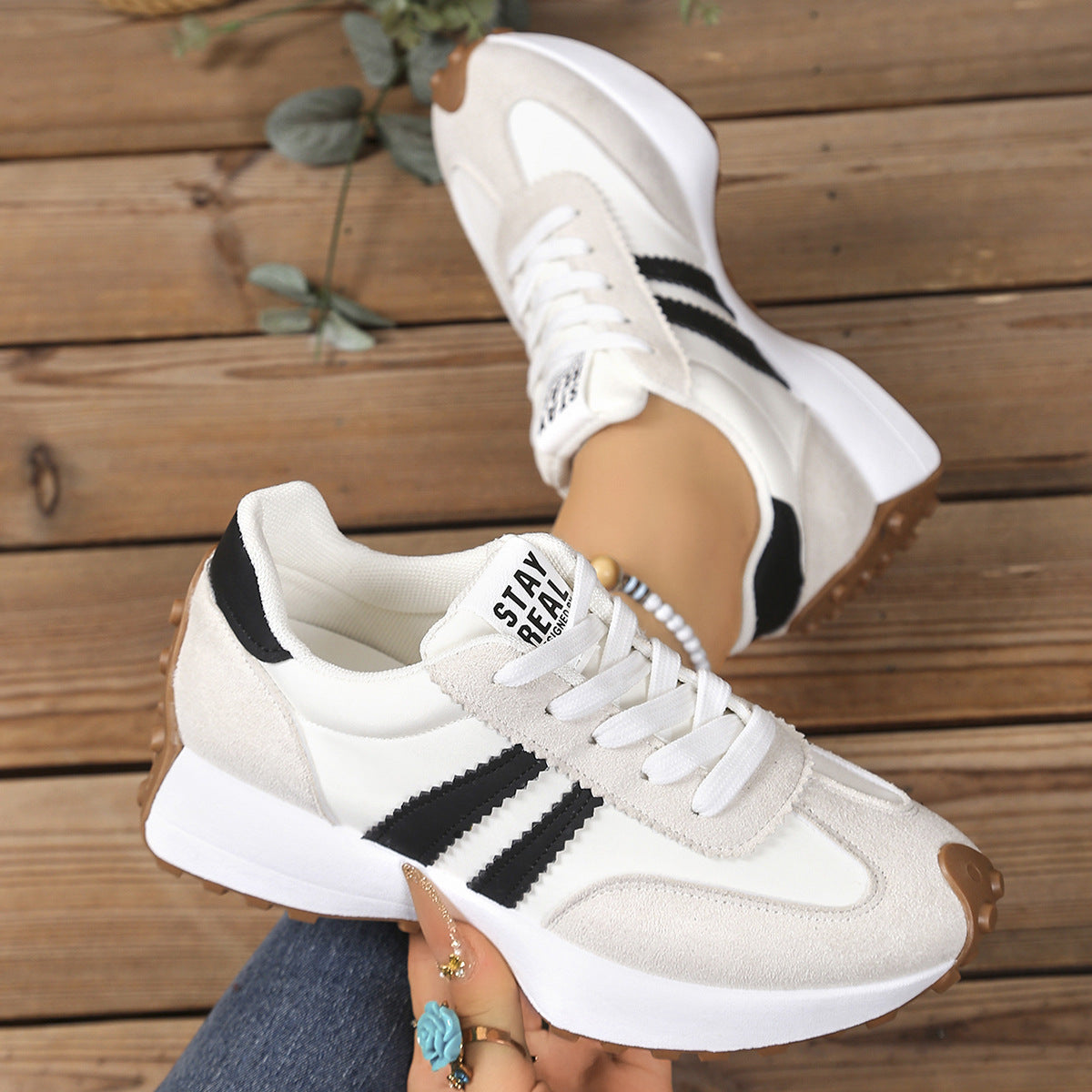 Women's Stripe Lace-Up Sneakers Breathable Thick Bottom Casual Sports Shoes