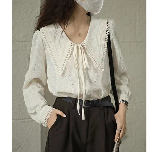 Chemise col large pointu style français pour femme, design début de printemps