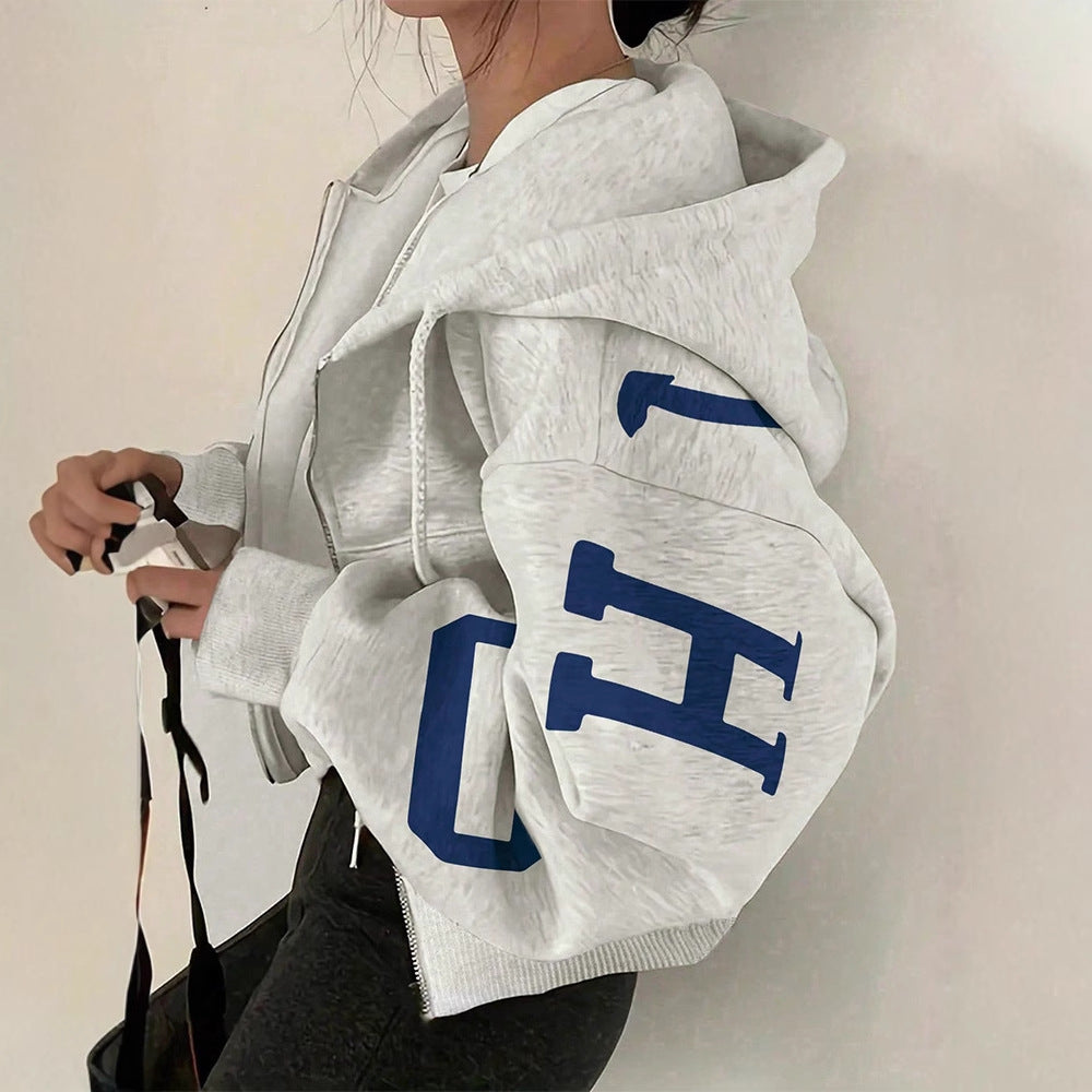 Sweat-shirt décontracté zippé à manches longues pour femme avec motif imprimé
