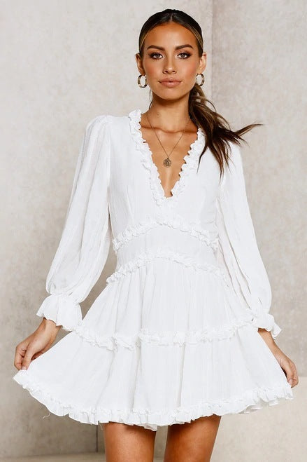 V-Neck Bubble Sleeve Short Chiffon Dress