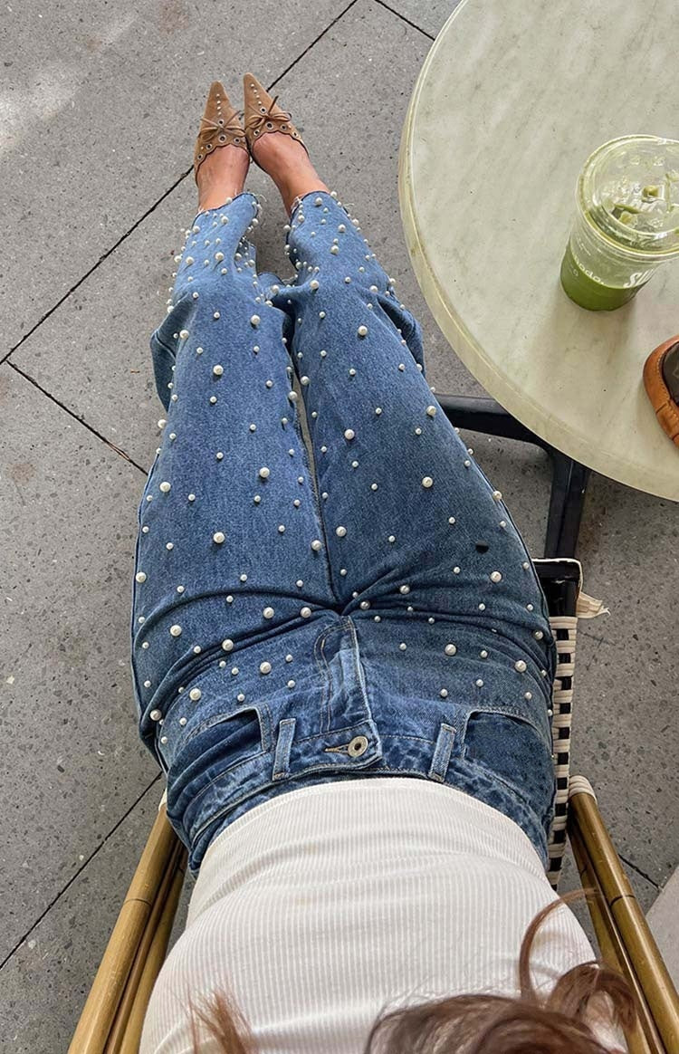 Oblique Waist Blue Denim Straight-Leg Beaded Frayed Hem Jeans