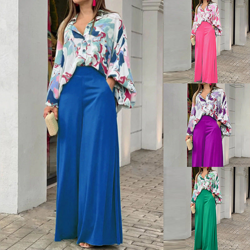 Ensemble élégant chemise imprimée et pantalon large