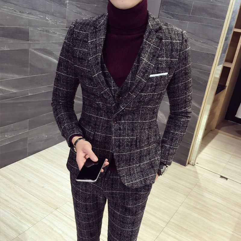 Slim British Casual Check Men's Three-Piece Suit Set
