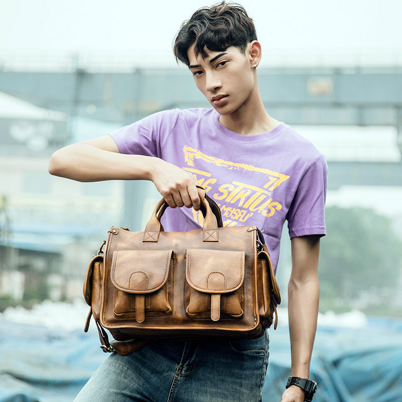 Men's Brown Top Layer Cowhide Leather Crossbody Shoulder Bag