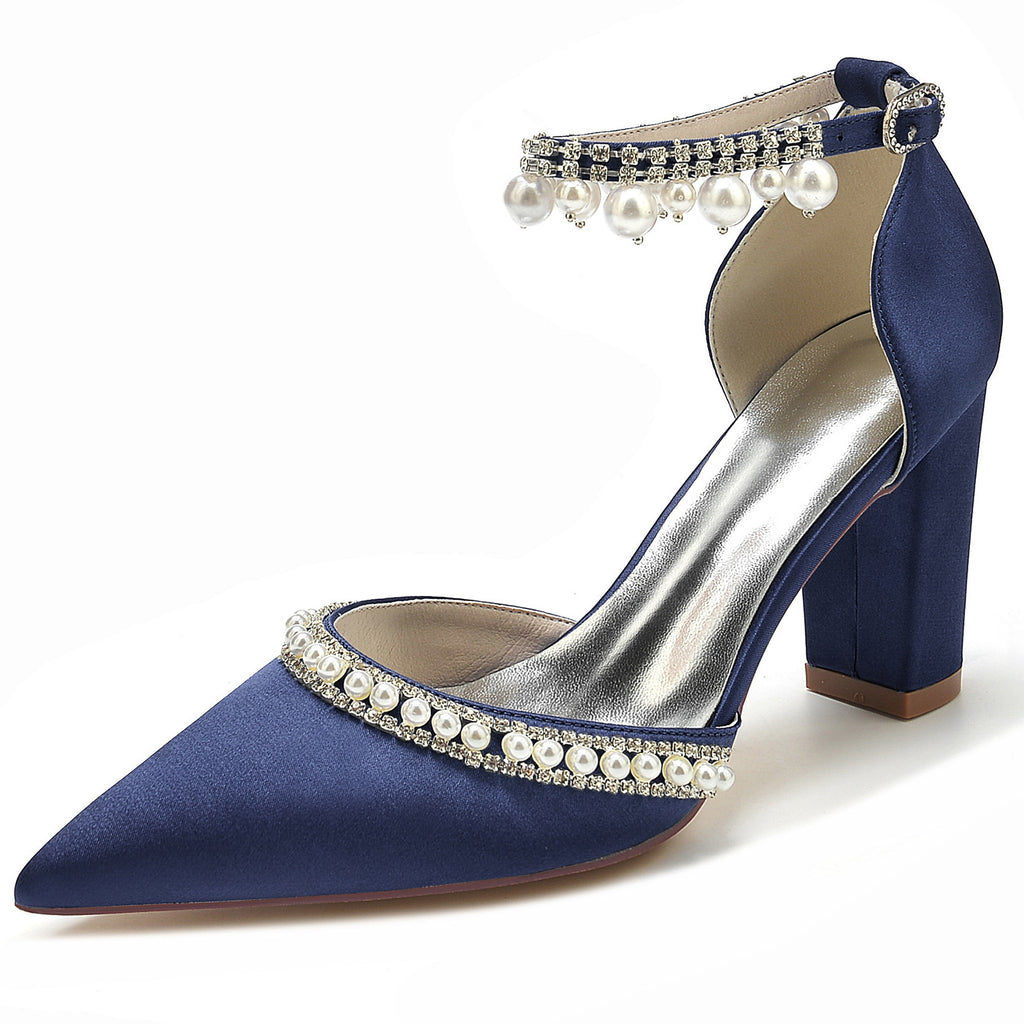 Escarpins à bout pointu en satin avec strass et chaîne, à talon carré