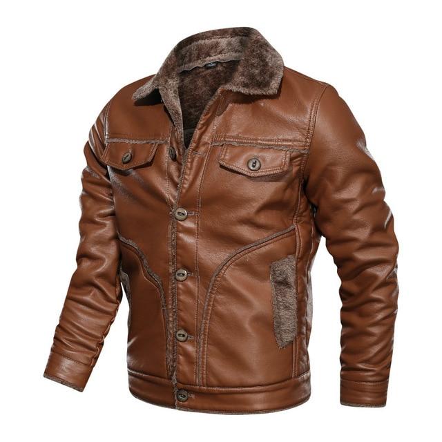 PU Leather Lapel Jacket with Zipper, Black & Brown, M-8XL