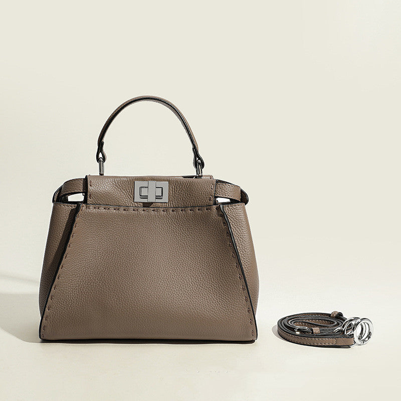 Cowhide Lychee Pattern Handbag with Metal Lock - Black, Caramel, Green, Gray, S & L Sizes