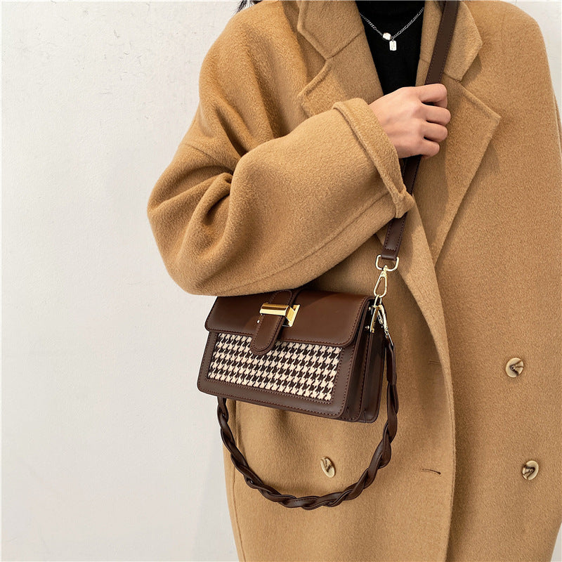 Sac carré de 20 cm en cuir PU avec motif pied-de-poule et fermoir, pour femme