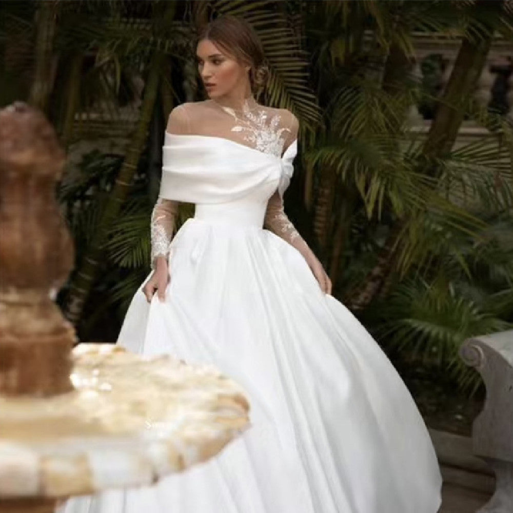 White Satin Raglan Sleeve Long Tutu Wedding Dress