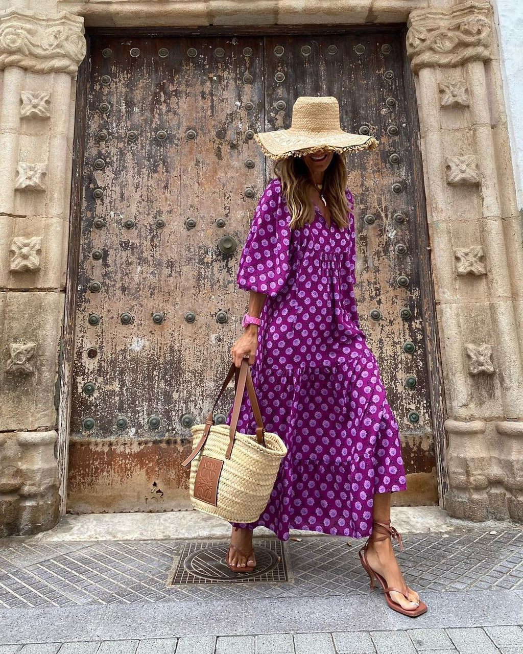 Summer Women's Vintage Bohemian Printed V-Neck Loose Long Dress Polyester