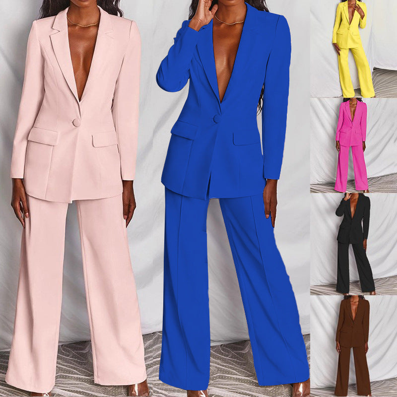 Ensemble blazer décontracté à revers et boutons et pantalon droit pour femme (2 pièces)
