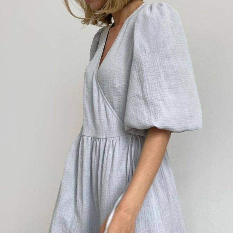 Sweet Atmosphere Solid Color Cotton Dress with Puff Sleeves