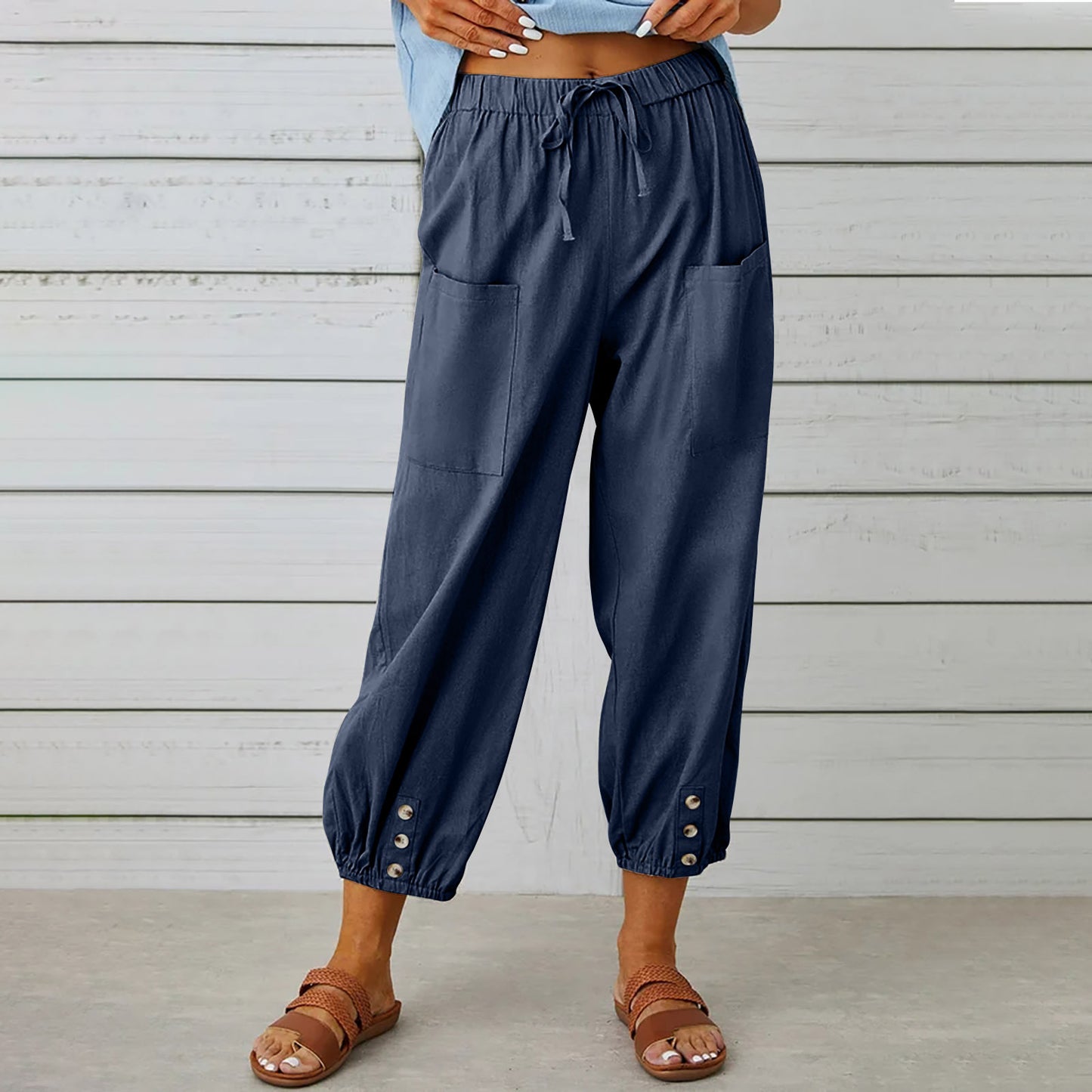Women’s Cotton Linen Drawstring Pants With Pockets & Button - Spring Summer