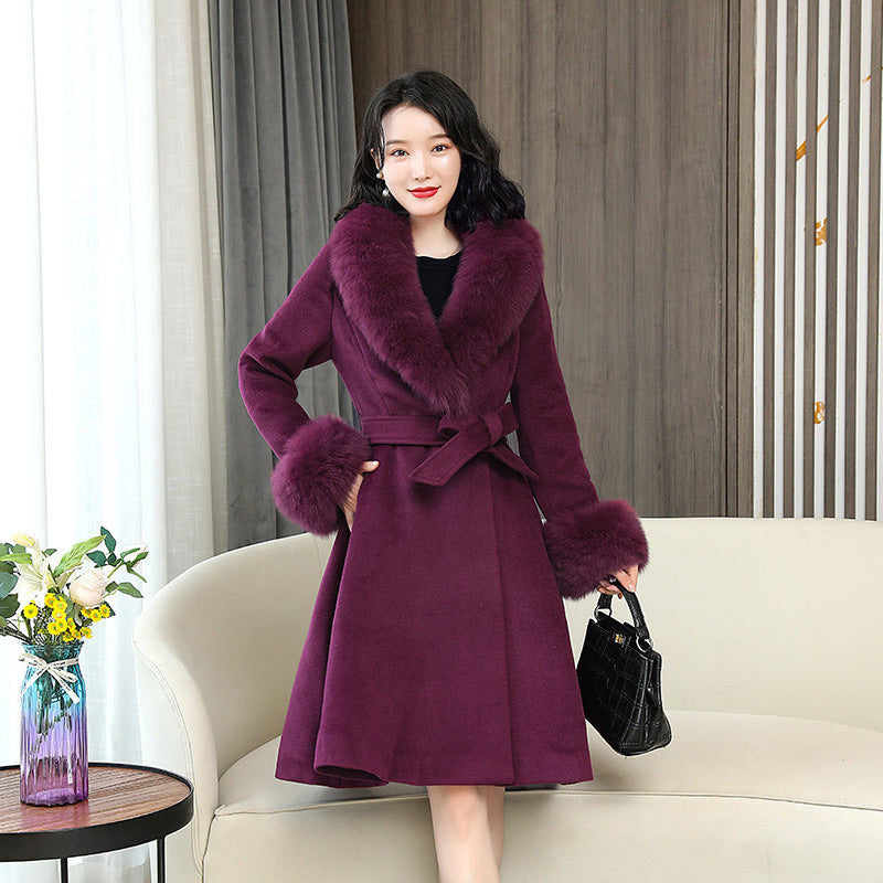 Manteau en laine épais double face pour femmes avec col en fourrure