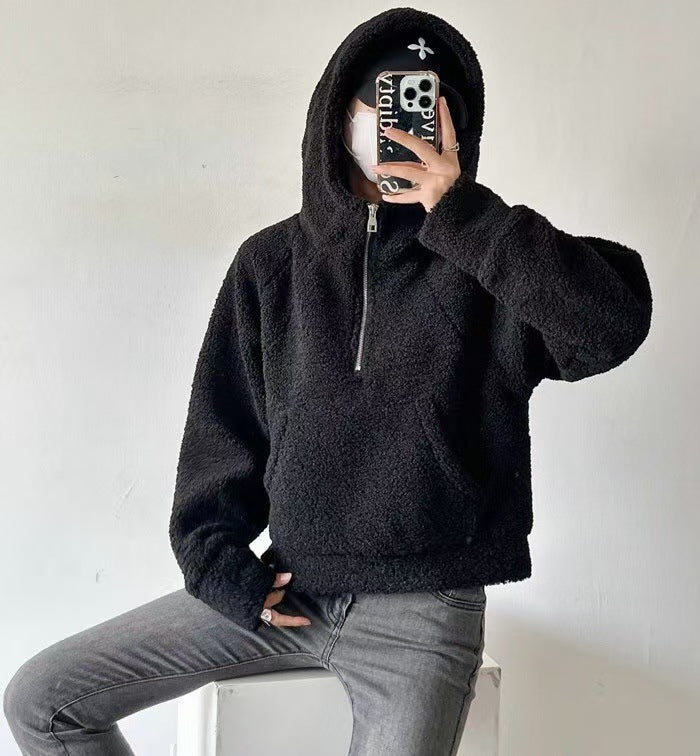 Sweat à capuche demi-zip décontracté pour filles en fausse laine d'agneau