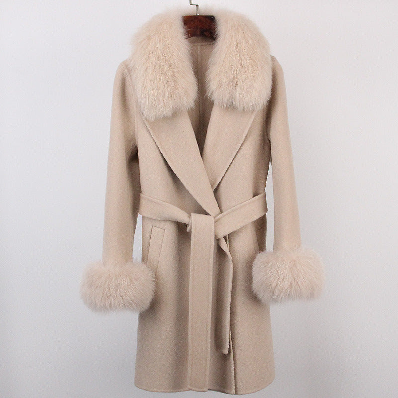 Double-Faced Wool Overcoat Long Slim Fit with Fox Fur Collar