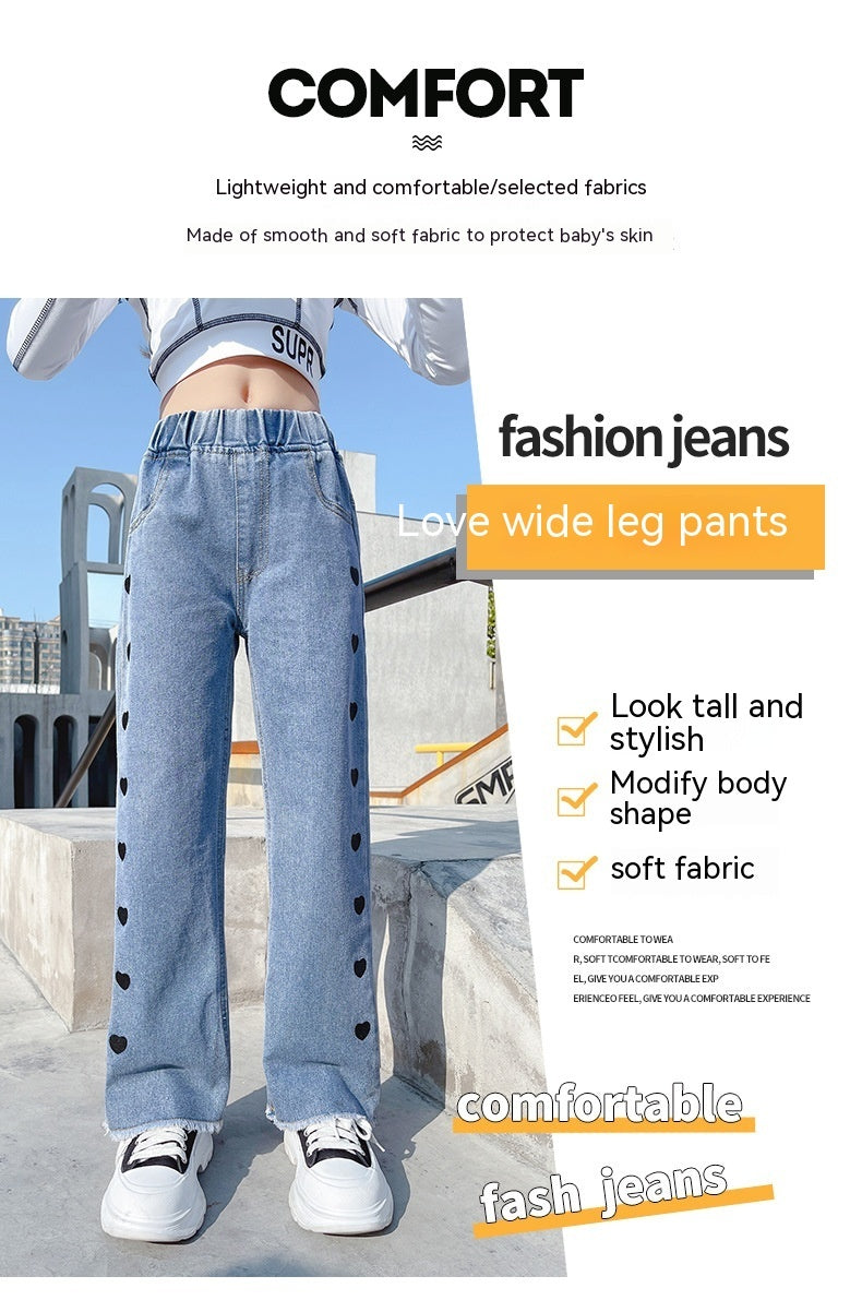 Girls Light Blue Denim Wide Leg Casual Pants