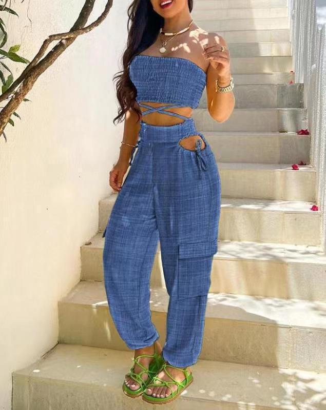 Salopette en jean sans bretelles à lacer avec poches - Bleu, S-XXL