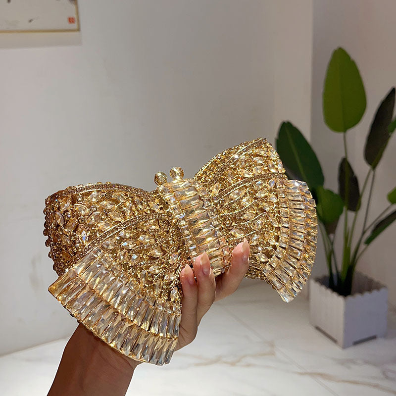 Sac bandoulière pochette en métal avec nœud et accents diamantés