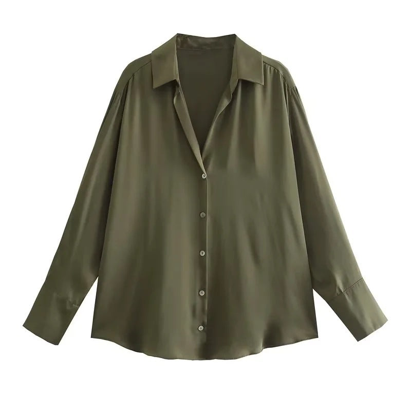All-match Silk Satin Texture Draping Long-sleeved Shirt For Women