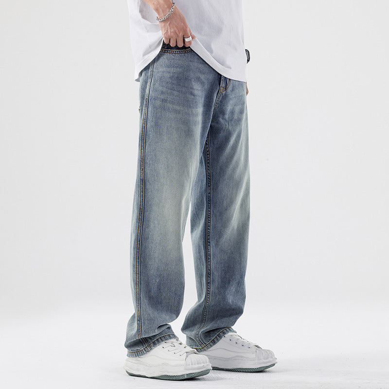 Light Blue Loose Straight Wide Leg Casual Denim Trousers Mid Waist