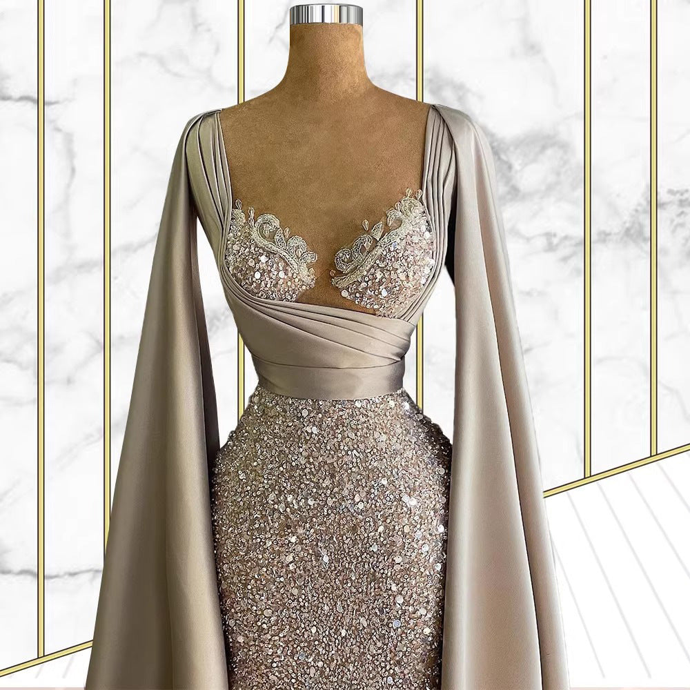 Women's High-End Polyester Wedding Dress with Lace and Long Sleeves