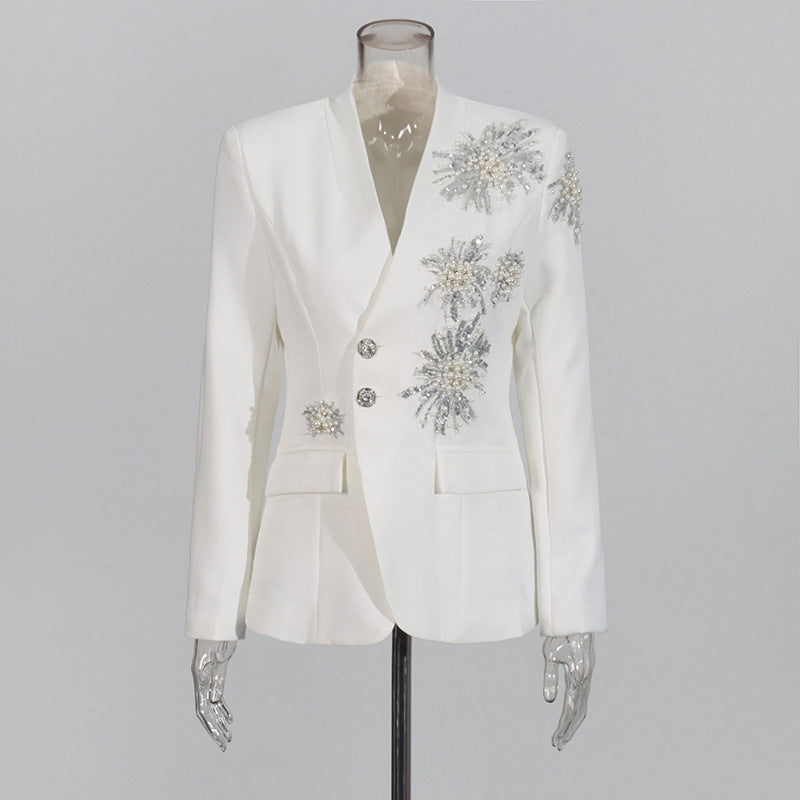 Rhinestone Solid Color Suit Coat for Women in Black & White