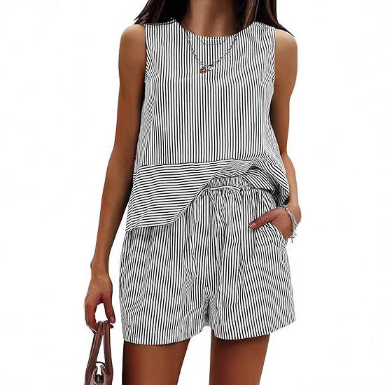 Ensemble short sans manches à col rond rayé vertical