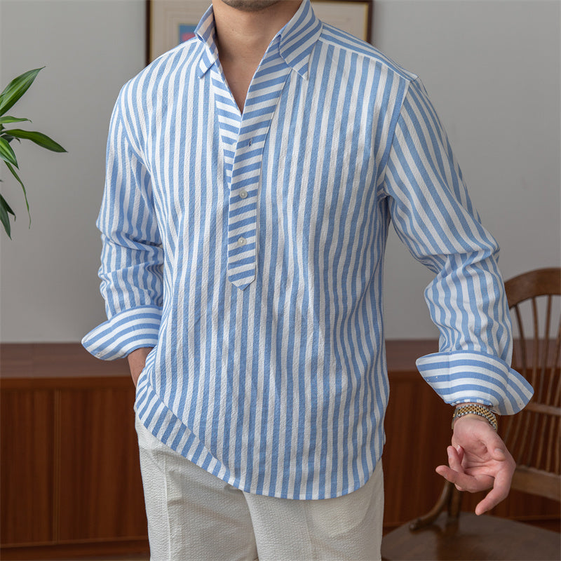 Chemise à manches longues en seersucker rayé bleu respirant