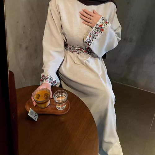 Apricot Polyester Embroidered Long Sleeve Dress