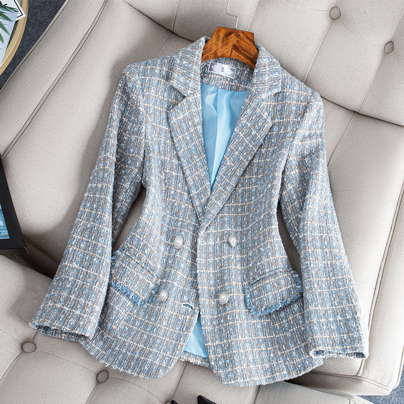 Plaid Tweed Woolen Coat with Pockets - Slim Fit, Blue, Black & Apricot Pink, Sizes S-3XL