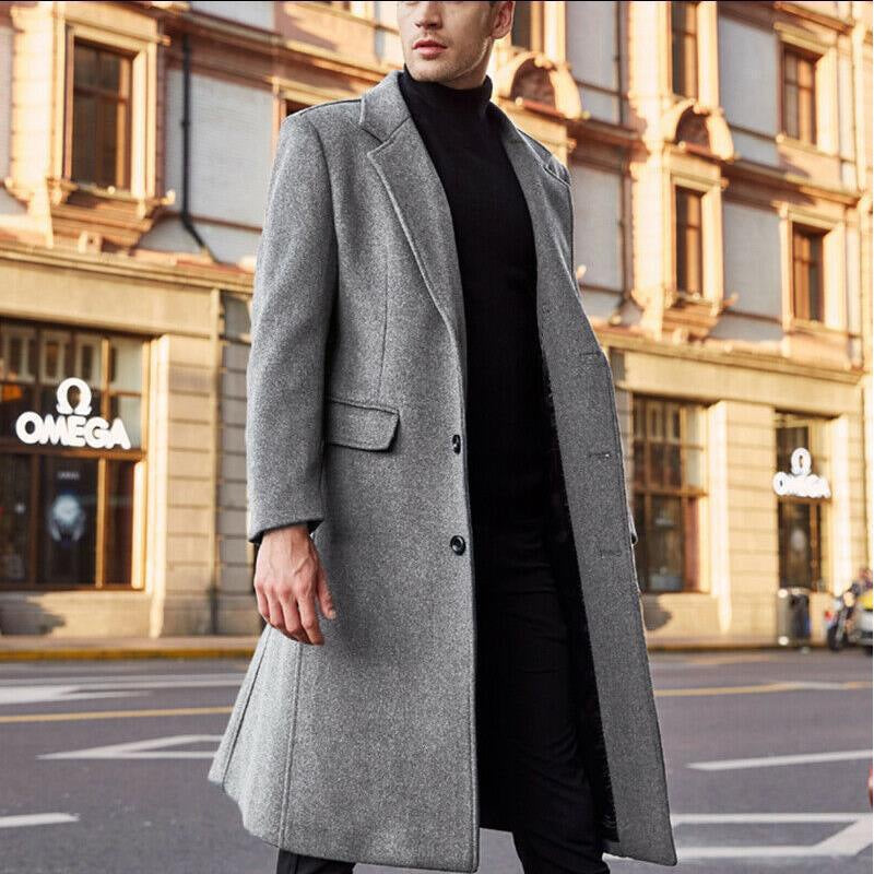 Manteau long trench homme en laine de couleur unie