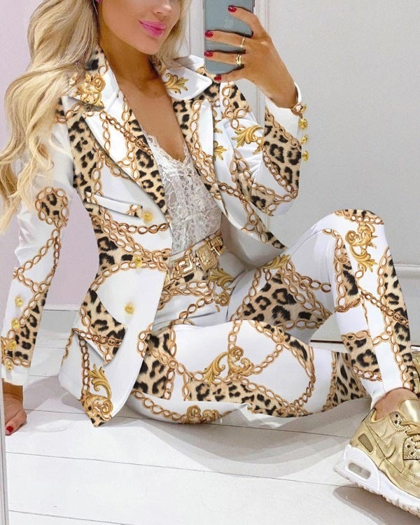 طقم بدلة نسائي كاجوال، وردي، أصفر، مخطط ومُنقّط بسلسلة