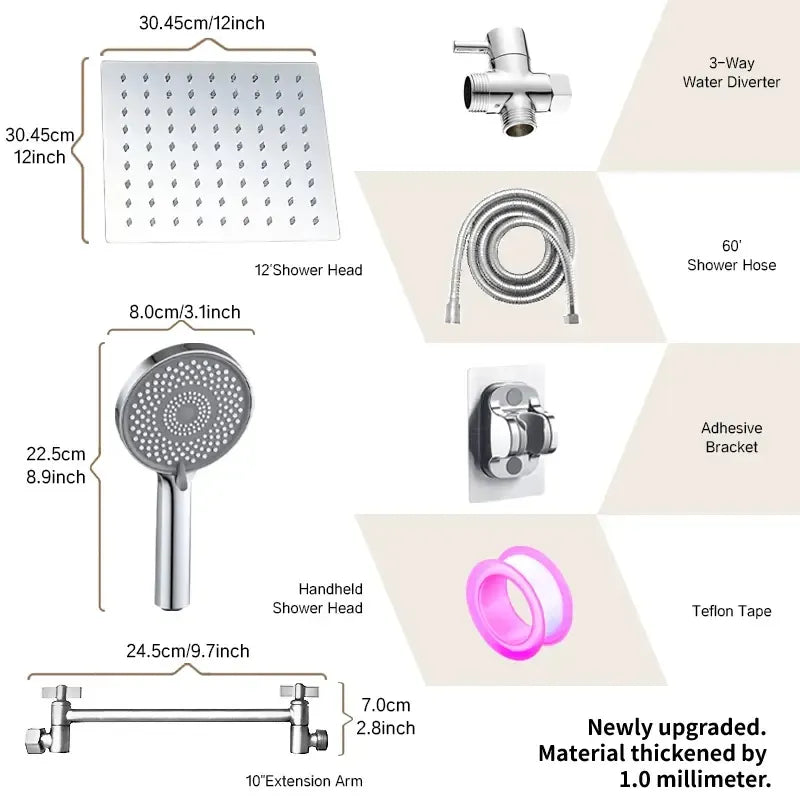 Ensemble de douche carré de 12 pouces de qualité commerciale avec options d'économie d'eau et de douchette.