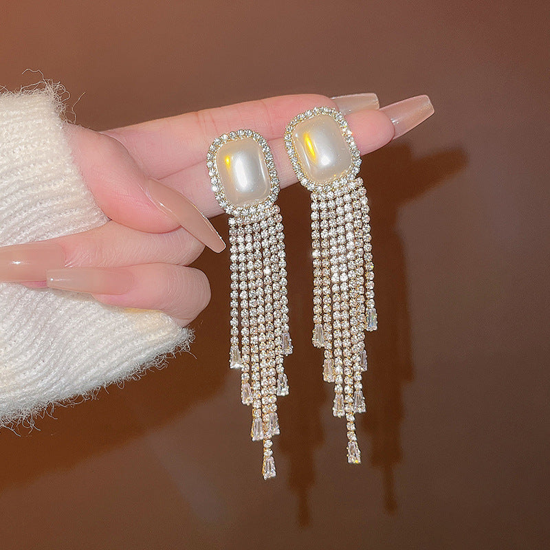 Silver Needle Exquisite Full Diamond Long Fringe Earrings