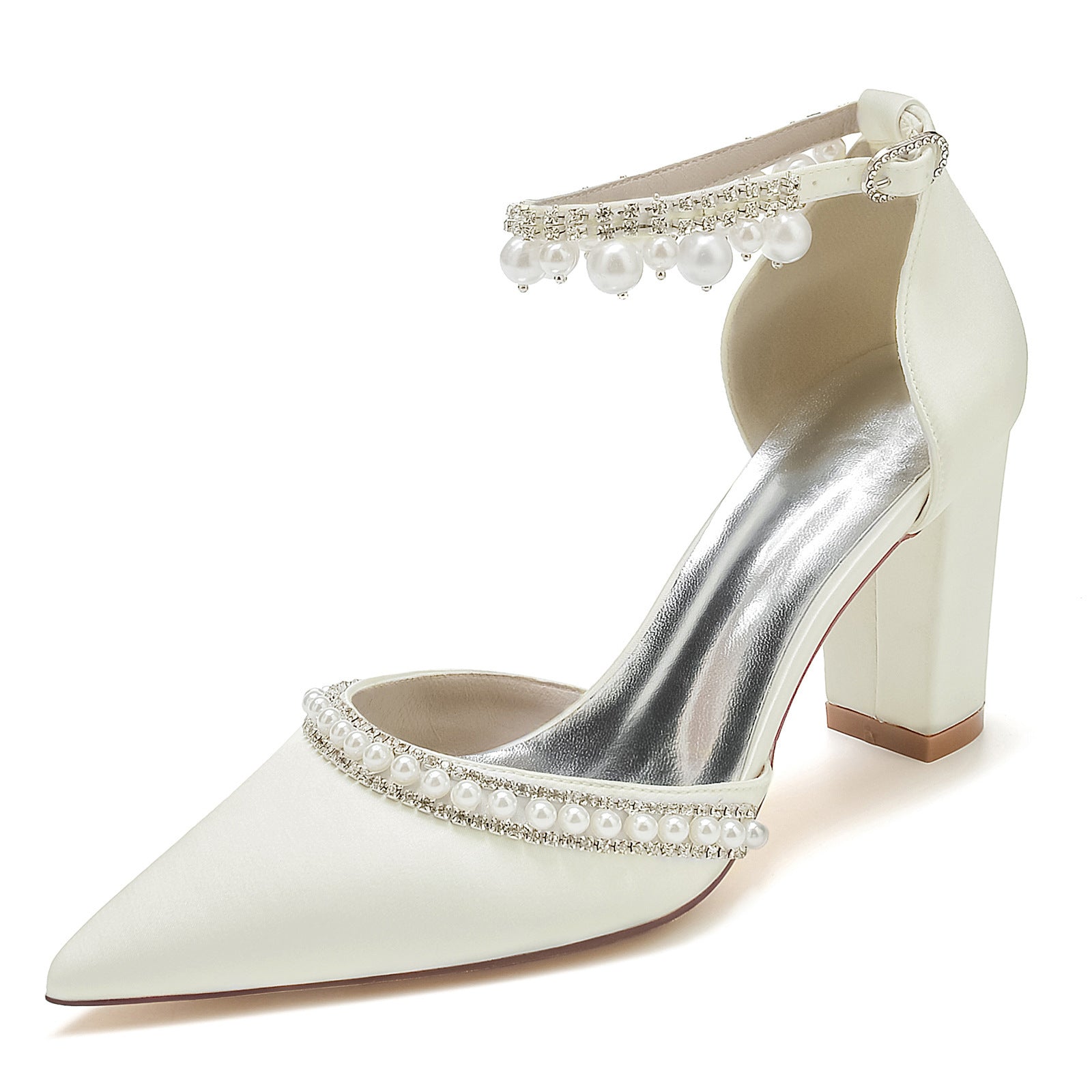 Escarpins à bout pointu en satin avec strass et chaîne, à talon carré