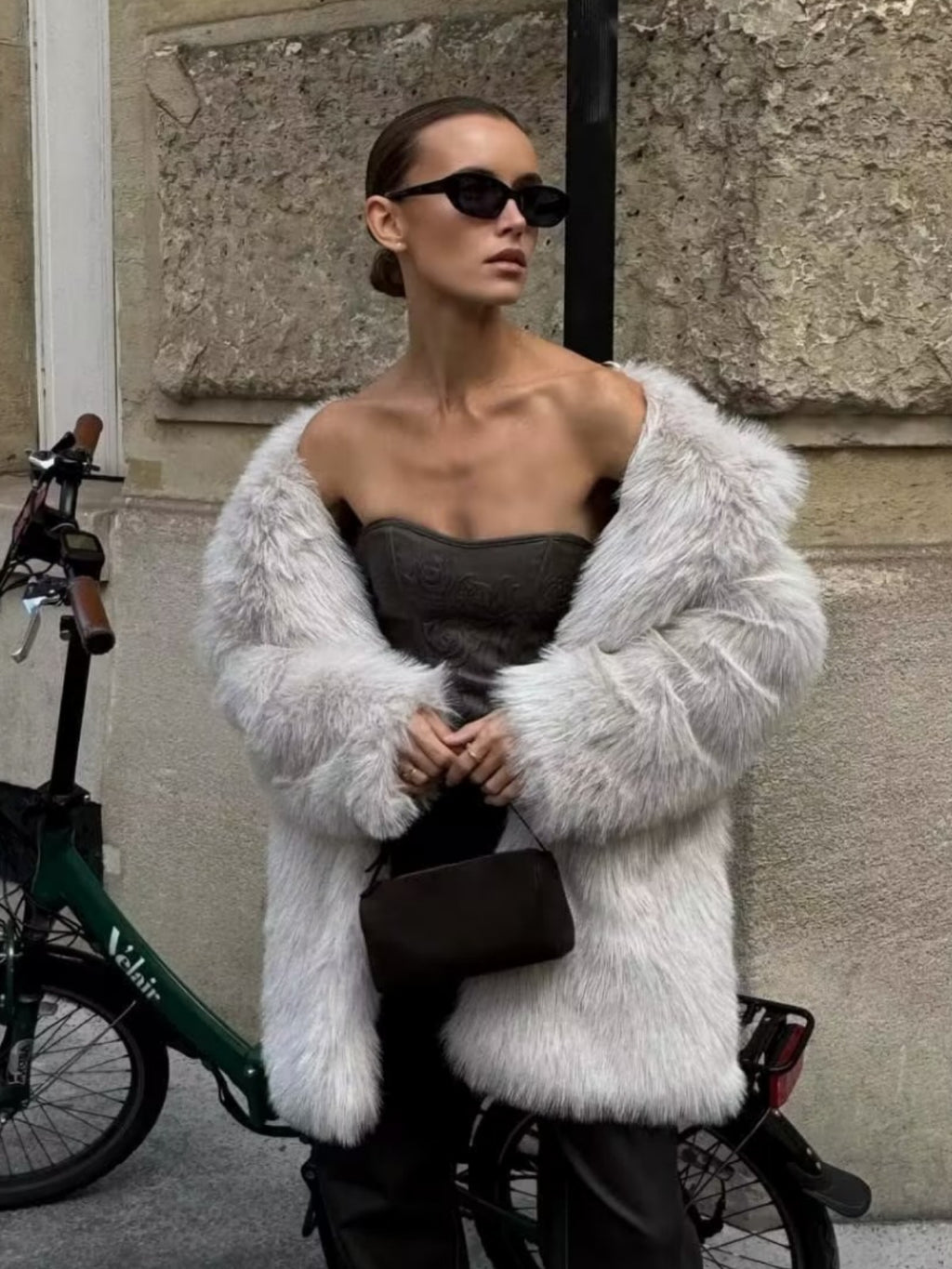 Women's White Artificial Fur Warm Three-Quarter Thick Coat