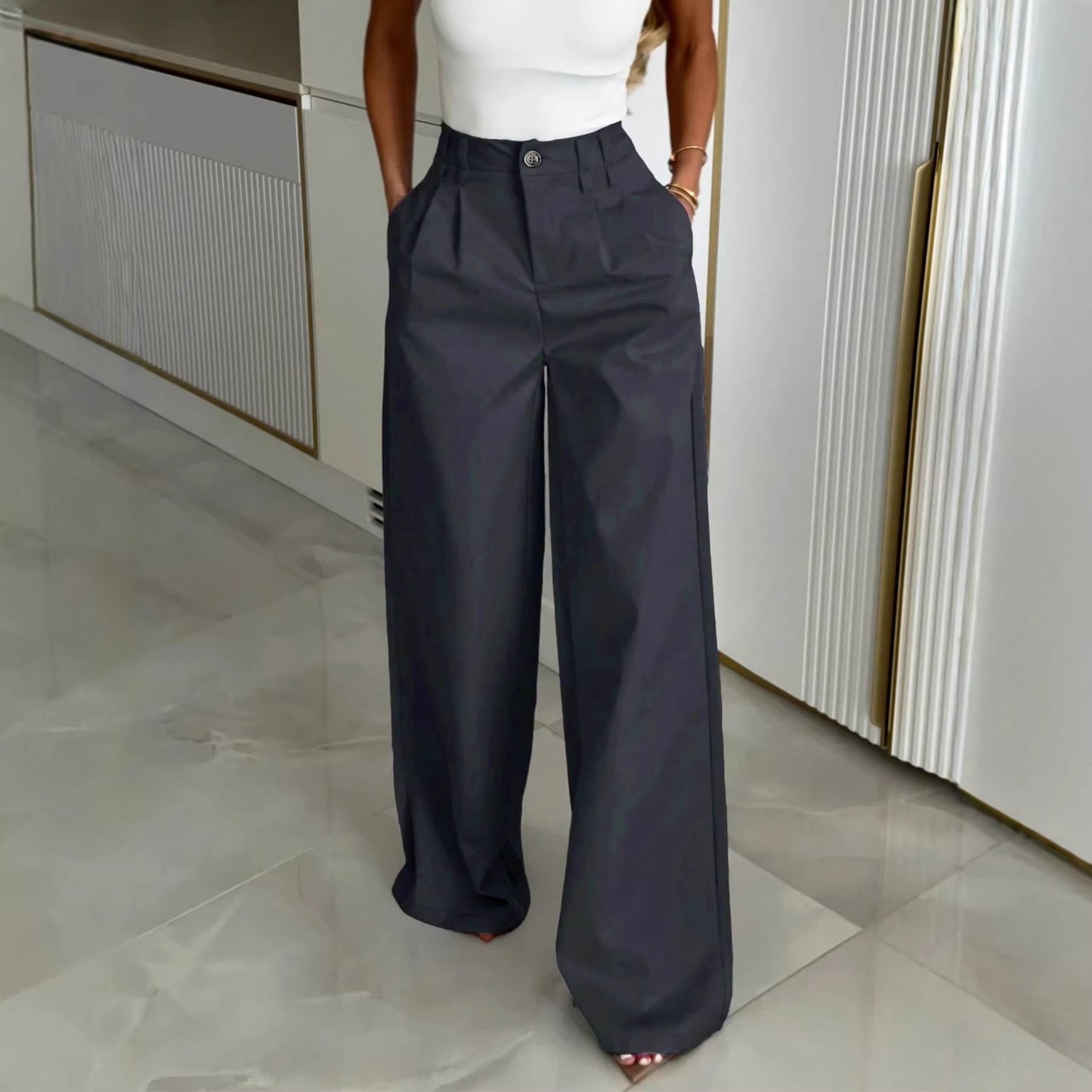 Womens Gray High-Waist Wide-Leg Casual Suit Pants
