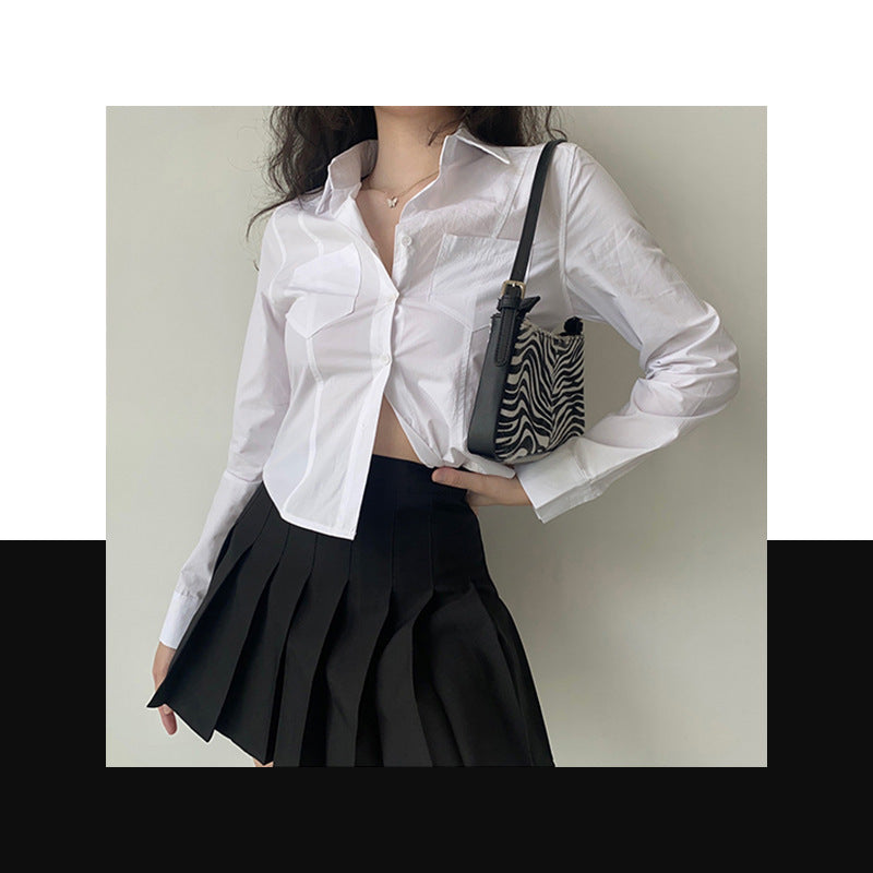 Chemisier Femme Blanc à Revers Manches Longues Printemps-Été Coupe Ajustée Polyester
