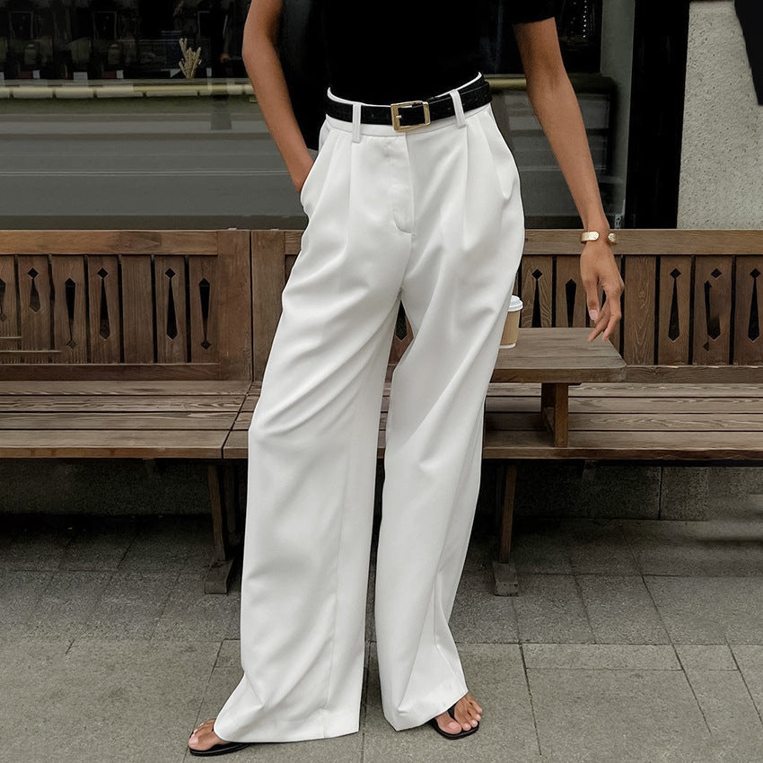 White High-Waist Straight-Leg Casual Pants