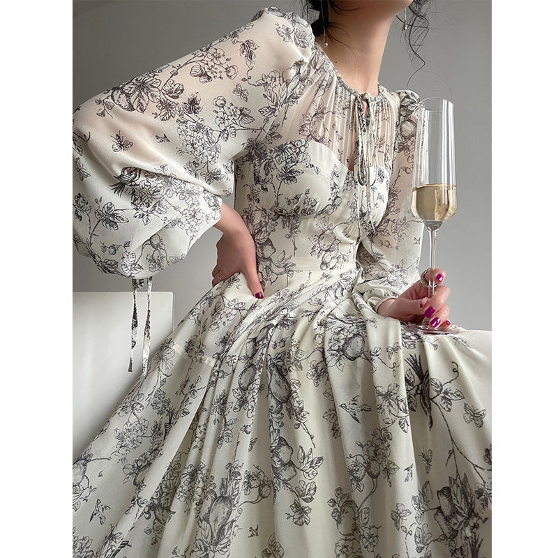 French Evening Dress Chiffon Waist Print Polyester Fiber