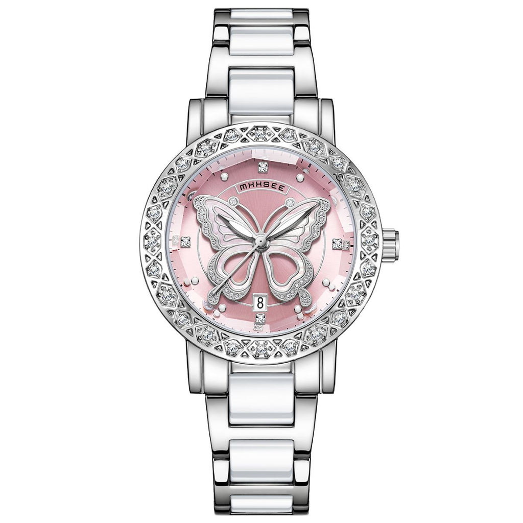 Montre de luxe pour femme ornée de diamants papillon avec calendrier et bracelet en acier