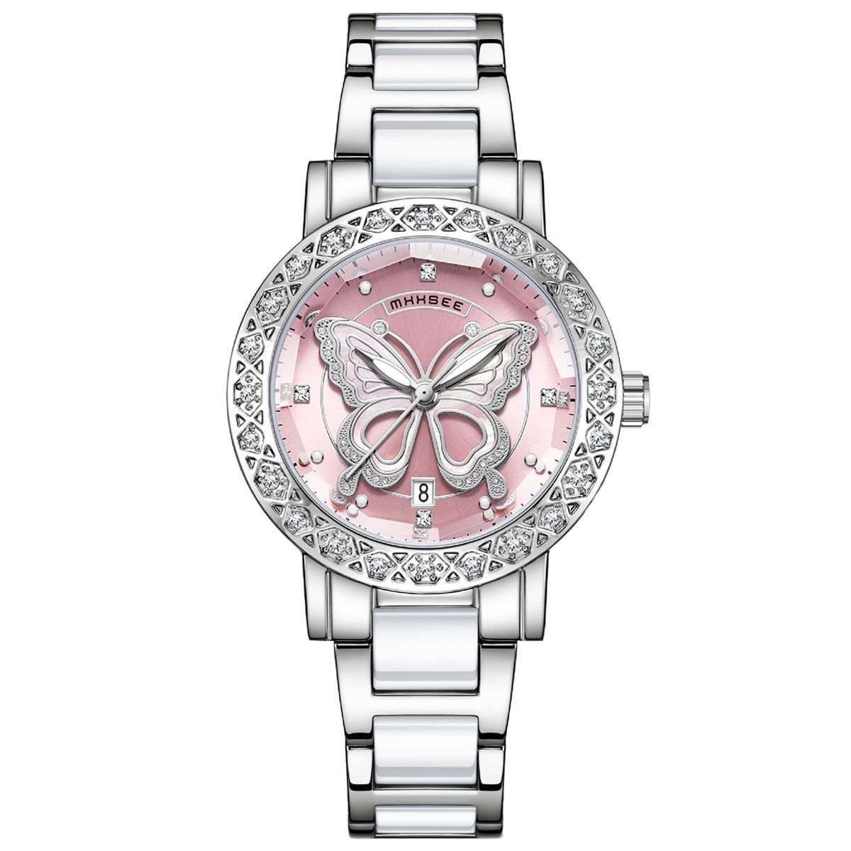 Montre de luxe pour femme ornée de diamants papillon avec calendrier et bracelet en acier