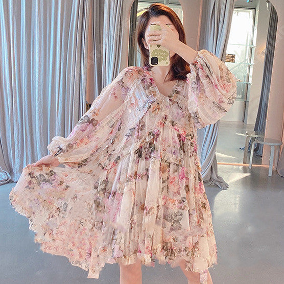 Contrasting Print Floral Panel Long Sleeve Nipped Waist Lantern Sleeve Dress