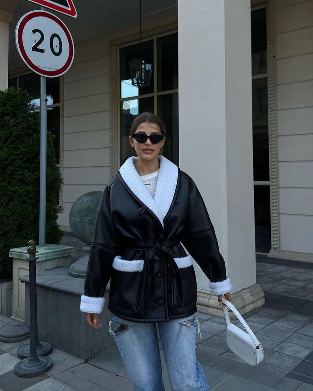 Women’s Long Sleeve Leather and Fur Splicing Coat
