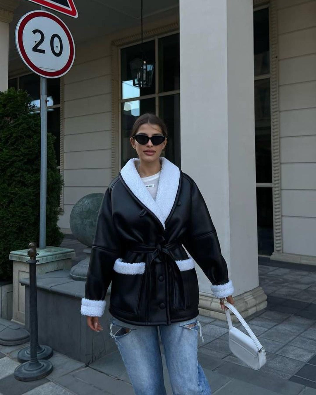 Women’s Long Sleeve Leather and Fur Splicing Coat
