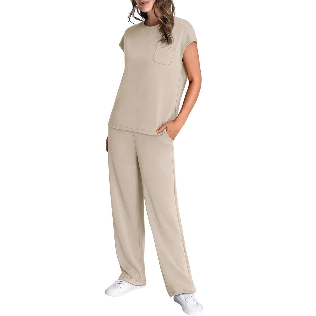 Round Neck Loose Short Sleeve Pocket Two-Piece Casual Suit